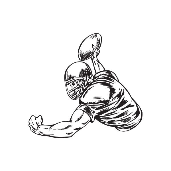 Football wall decal of a black line-art quarterback throwing a pass, vinyl sticker.