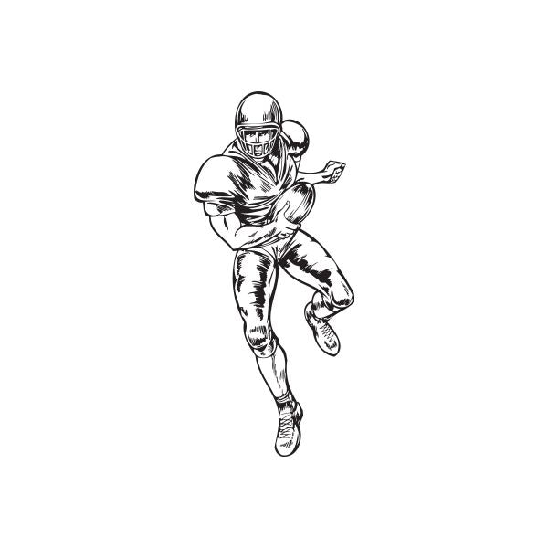 Football player vinyl wall decal in black and white line art, running with ball