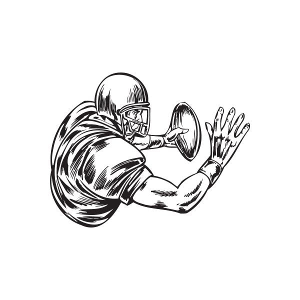 Football player wall decal, black-and-white line art with helmet, catching ball, hands raised