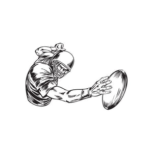 Football wall decal of a black-and-white player throwing a football with hands out