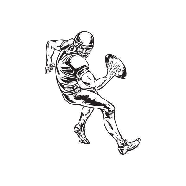 American football player vinyl wall decal, black-and-white runner with ball