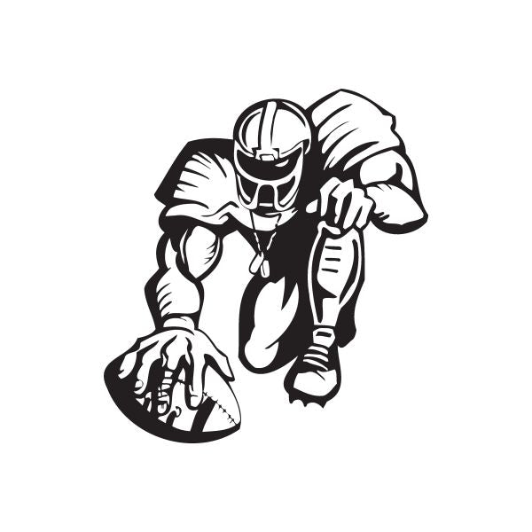Football player vinyl wall decal, black and white outline holding a football