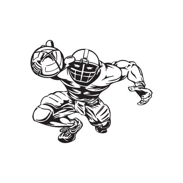 Football wall decal of a black football player holding a ball, helmet and jersey silhouette.
