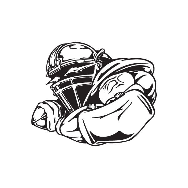Football helmet and player running vinyl wall decal, black outline