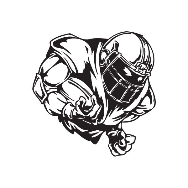 American football player wall decal, black and white silhouette with helmet and ball.