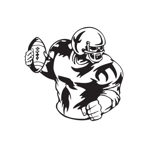 Football wall decal of black-and-white football player holding a ball with helmet.