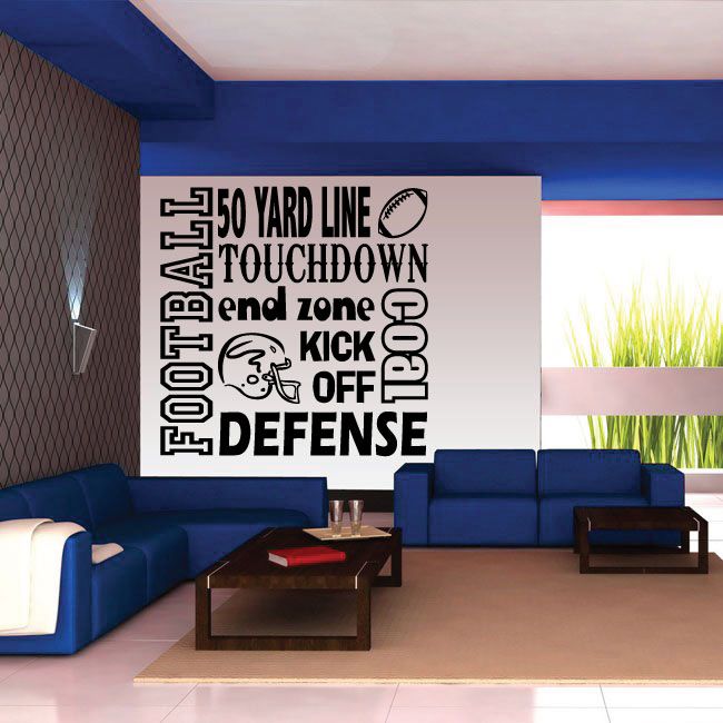 Football word collage decal with black text on white square: 30 yard line, kickoff, defense