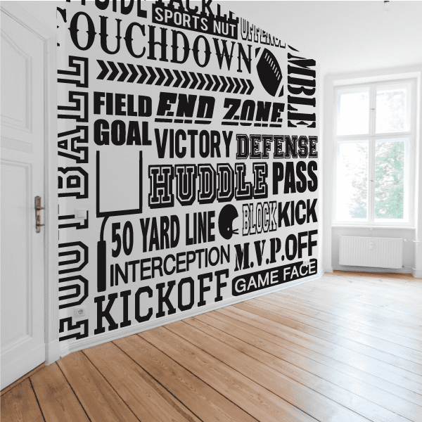 Football word collage wall decal with black text and play icons