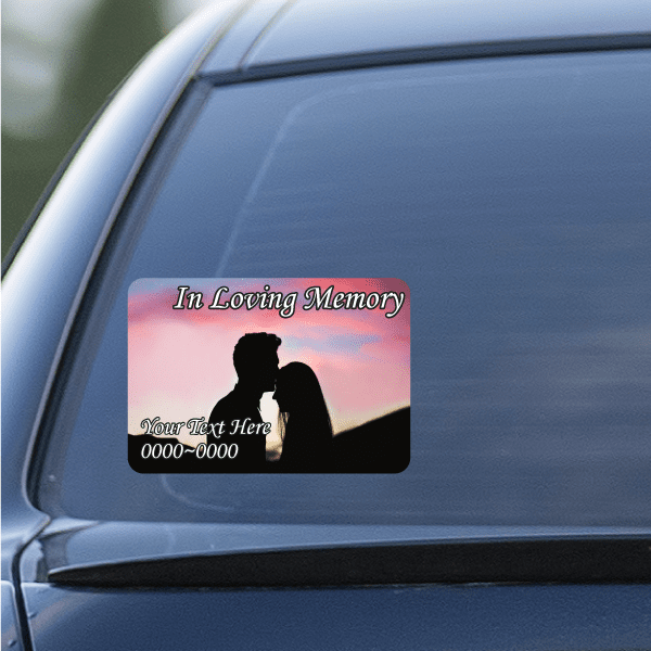 Custom memorial car window sticker with silhouette, 'In Loving Memory' and 'Your Text Here'.