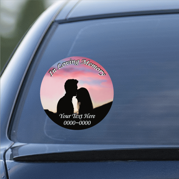 In Loving Memory custom sticker with silhouette, pink sky, and 'Your Text Here' text