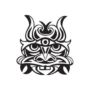 Tiki mask decal, black tribal design with curled horns and geometric face details