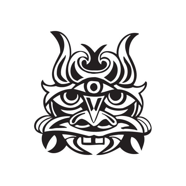 Tiki mask decal, black tribal design with curled horns and geometric face details