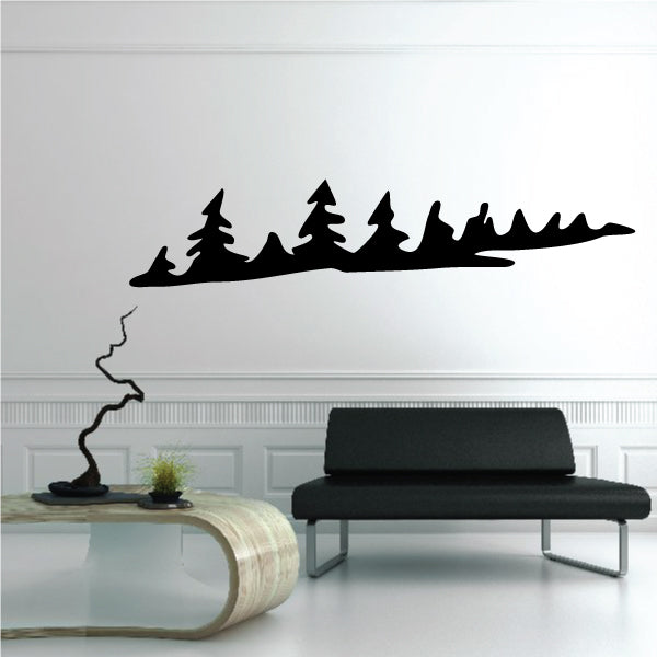 Forest landscape wall decal with black tree silhouettes and a forest line border.