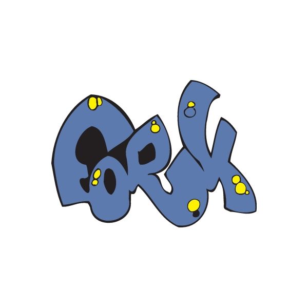 Graffiti-style blue sticker with yellow dots and dark accents
