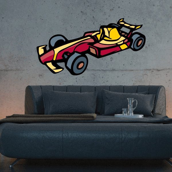 Formula One race car sticker with yellow, red and black racing car illustration
