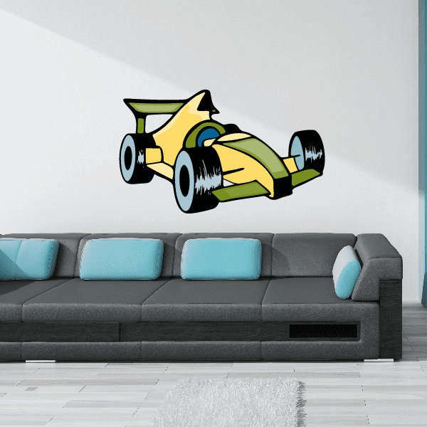 Formula One wall sticker of yellow and green race car with black wheels