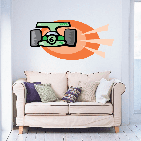 Race car alert sticker with orange burst, black car, and green number 6.