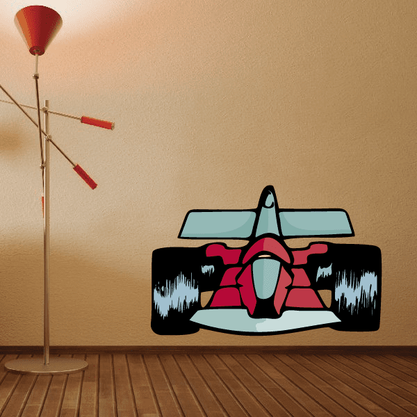 Race car sticker decal with red and black open-wheel car, teal details