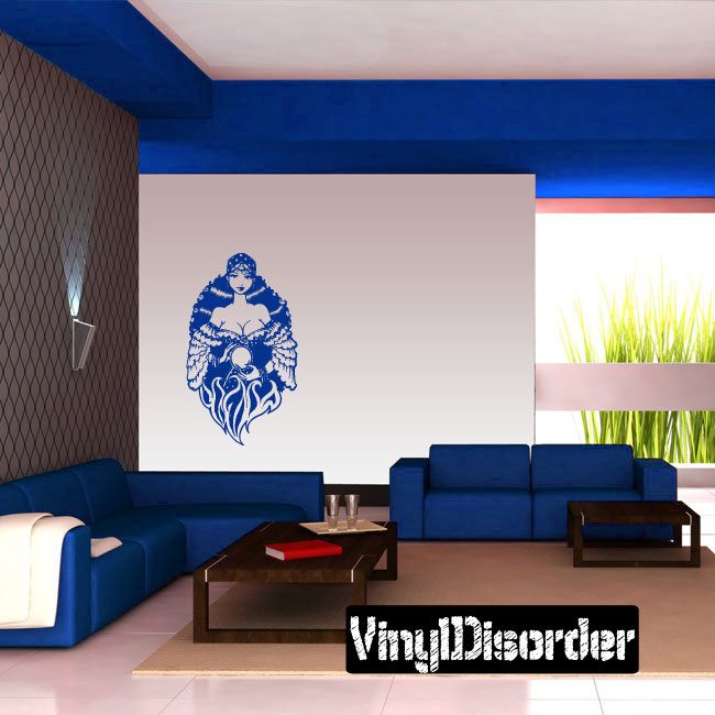 Fortune teller decal featuring a blue witch portrait with ornate flame detail