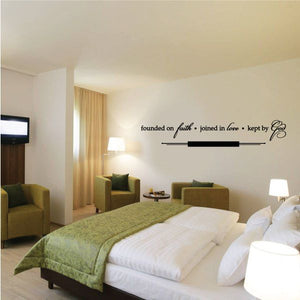 Wedding quote wall decal with script text: founded on faith, joined in love, kept by you