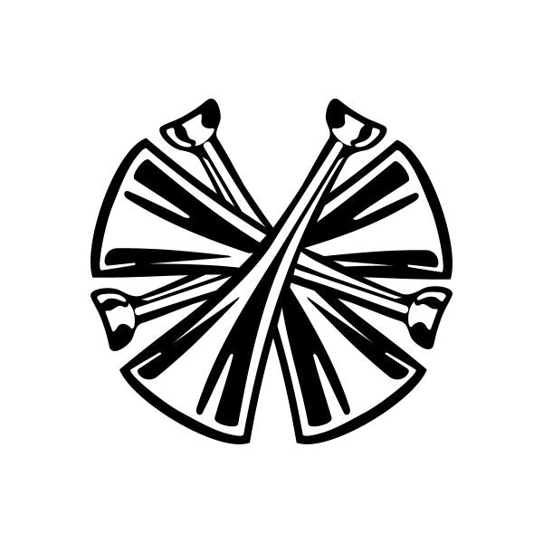 Four firemen horns decal, black and white circular hornburst design