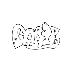 Graffiti decal with cartoon outline shapes, stars and moons in black and white
