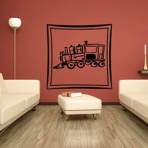 Framed train engine wall decal with black line artwork in a square frame