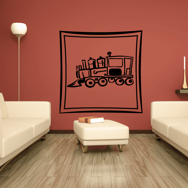 Framed train engine wall decal with black line artwork in a square frame