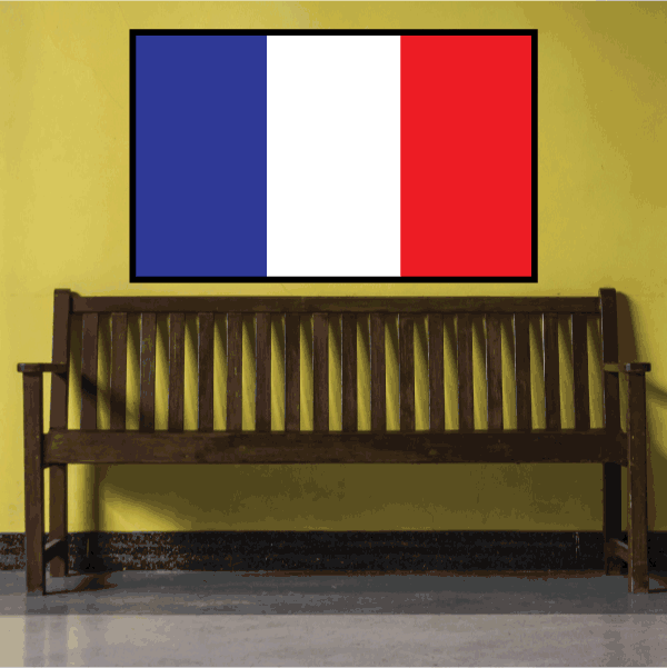 France flag sticker with vertical blue, white, and red stripes in rectangle