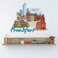 Frankfurt sticker with colorful skyline, red buildings, airplane, and Frankfurt lettering