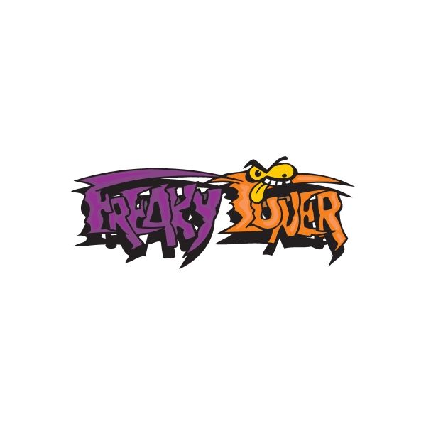 Graffiti sticker with purple-black text and yellow-orange cartoon character