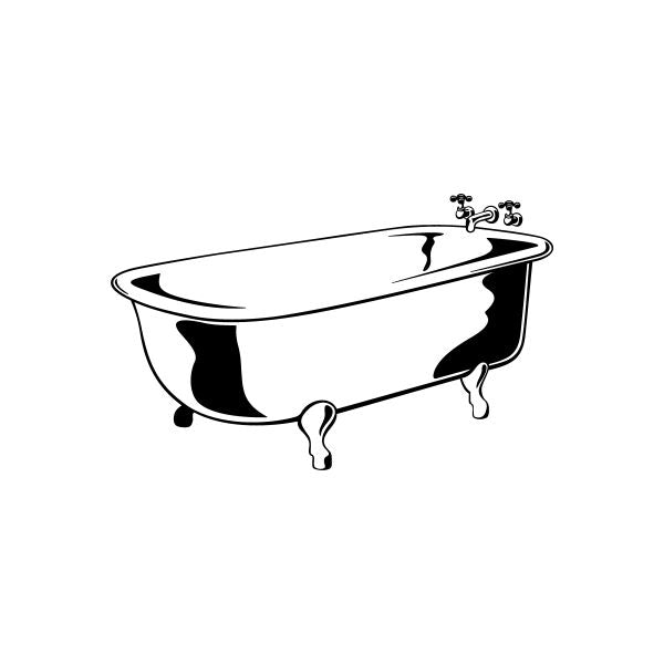 Bathtub wall decal, black-and-white freestanding tub with faucet and drain