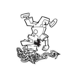 Freestyle graffiti decal sticker with black-and-white abstract character and tag lines
