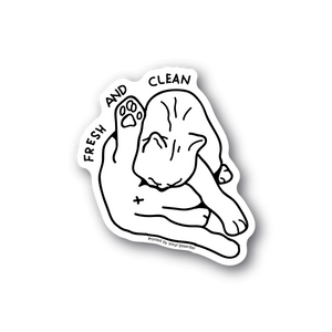Cat vinyl sticker with white line-art face and “FRESH AND CLEAN” text