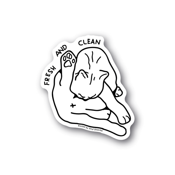 Cat vinyl sticker with white line-art face and “FRESH AND CLEAN” text