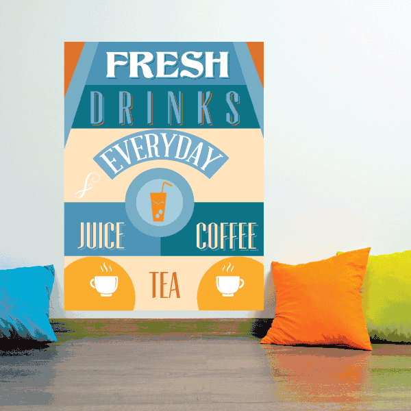 Colorful drink-themed sticker with Fresh Drinks Everyday text and juice, coffee, tea icons