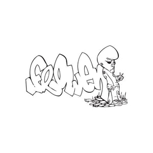 Graffiti decal with black-outlined graffiti text and cartoon character holding a spray can