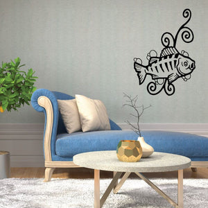 Freshwater fish and swirl vines wall decal, black line-art fish with curled flourishes