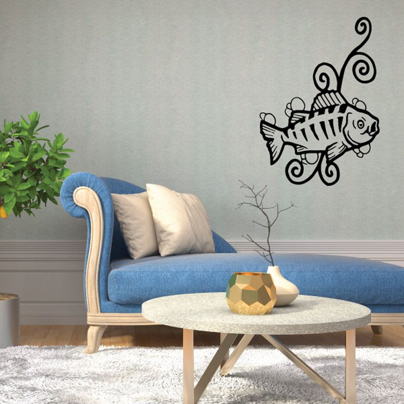 Freshwater fish and swirl vines wall decal, black line-art fish with curled flourishes