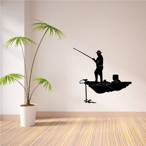 Fishing man and boat decal, dark silhouette of angler on small boat with rod