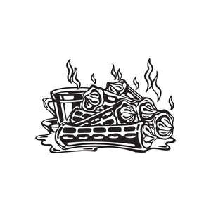 Fried okra decal with black line-art basket and flames