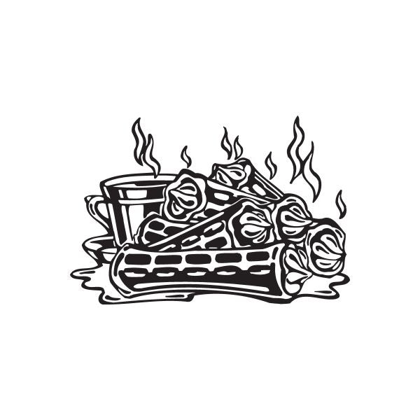 Fried okra decal with black line-art basket and flames