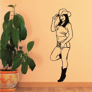 Friendly cowgirl decal with line-art woman in hat and boots, standing pose