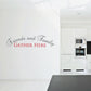 Wall decal text 'Friends and Family Gather Here' in script with red and dark lettering