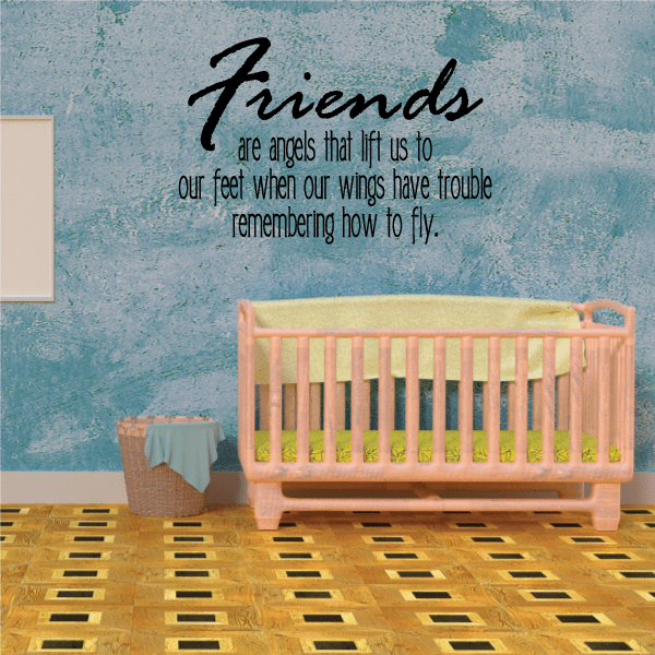 Wall decal with black script 'Friends' and angel quote typography
