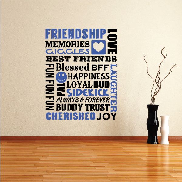Friendship word collage printed decal with stacked blue text and heart icon