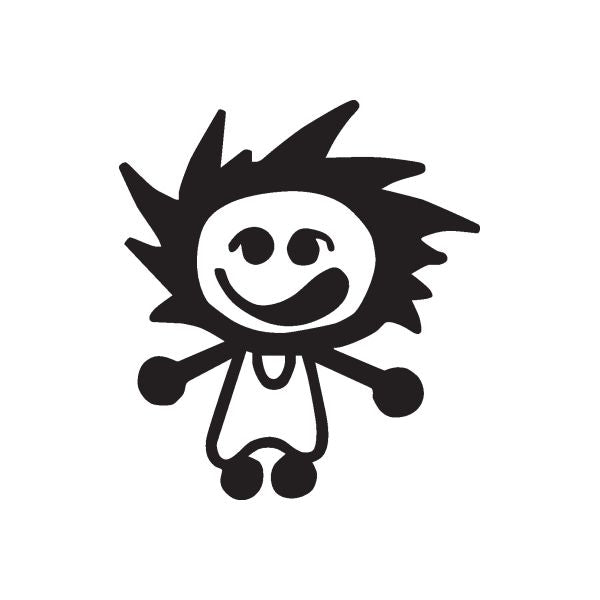Smiling baby face decal with spiky hair and round eyes, black and white