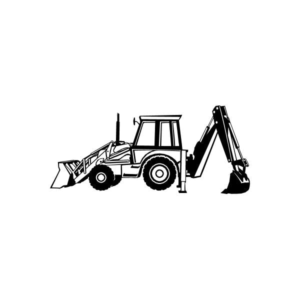 Backhoe loader decal, black and white line art with front loader and rear hoe