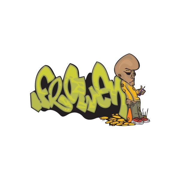 Graffiti sticker with green and yellow tag letters and seated cartoon character