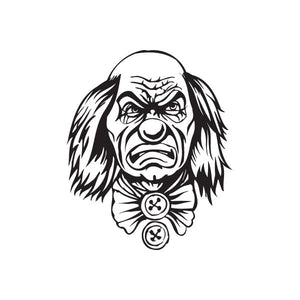 Frowning clown face decal with bow tie and ruffled collar, black line art